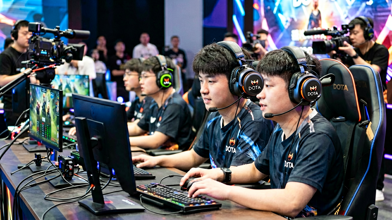DOTA2国际邀请赛现场，选手佩戴耳机进行比赛
