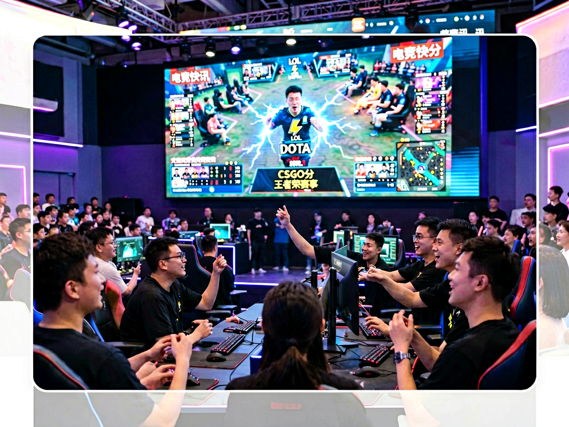 电竞场馆内观众热情观赛，大屏幕显示比赛画面